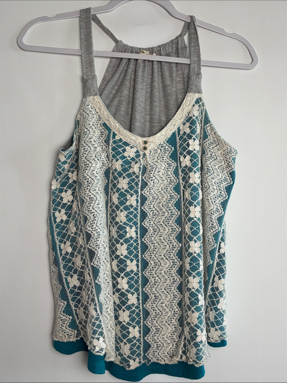 Demeanor Teal Crochet Lace-Overlay Tank Top - Size Large
